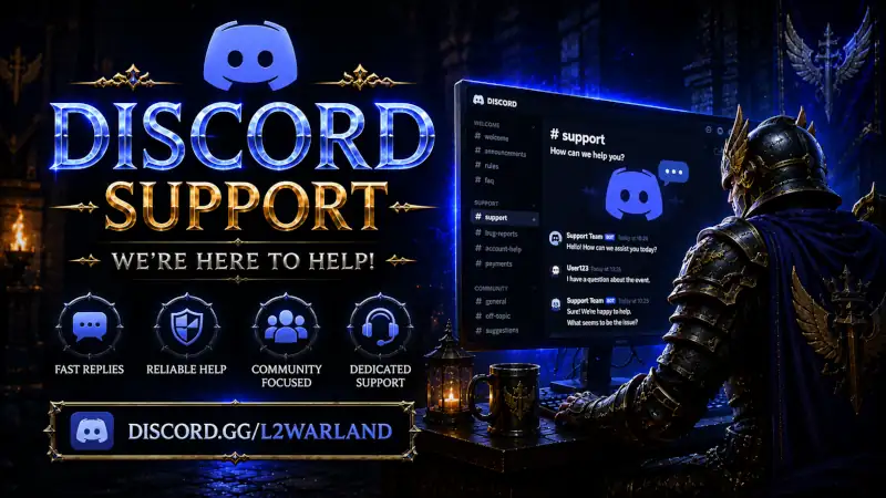 Lineage2 Interlude contact support banner on Warland Legacy